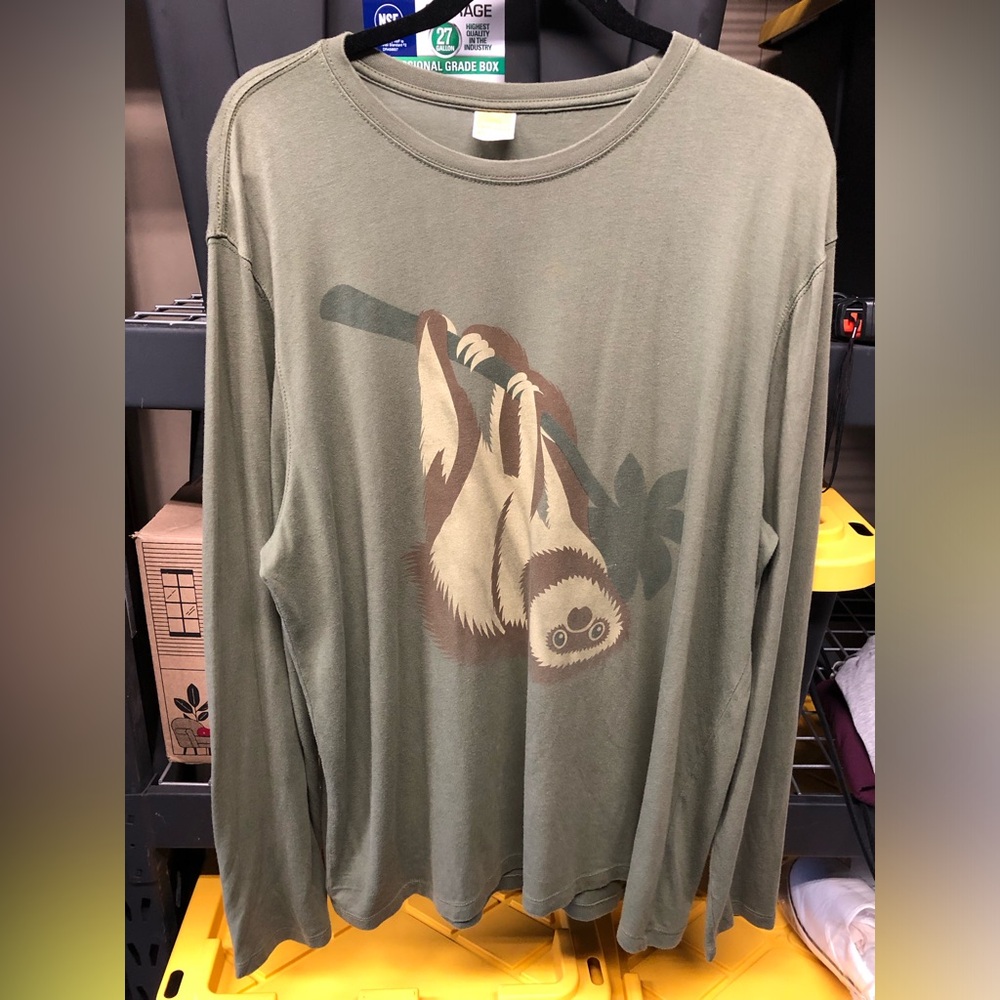 Unisex Olive Green Long Sleeve Sloth Graphic Tee, XL